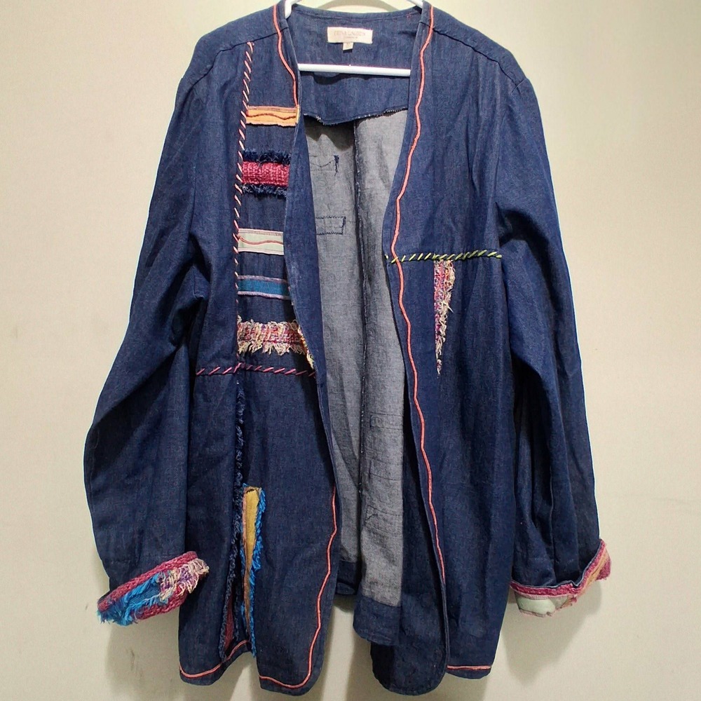 Dena Lauren 3X Denim Jacket‎ Boho Patchwork Embellished Open Front Indigo India